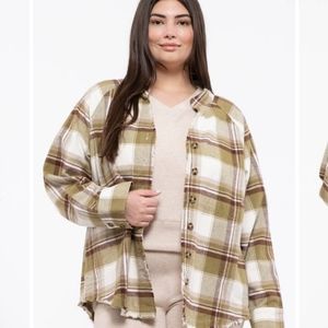 Perch by Blu Pepper plus size 1x green cream distressed hem plaid flannel